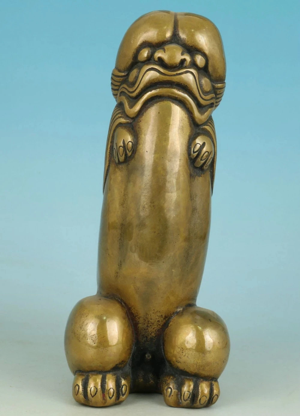 Agradable asiático de bronce antiguo chino tallado pene Dios recoger estatua figura Adorno