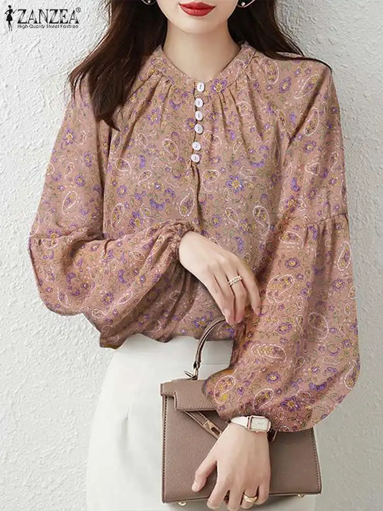 

Bohemian Floral Print Blouse ZANZEA Women Lantern Long Sleeve Blusa Elegant Crewneck Buttons Shirt Casual Loose 2023 Summer Tops