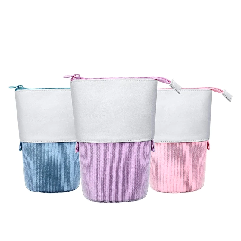 

3 Pieces Telescopic Pencil Case Standing Stationery Pencil Holder Canvas Dual-Use -Up Stand Pencil Bags With Zipper