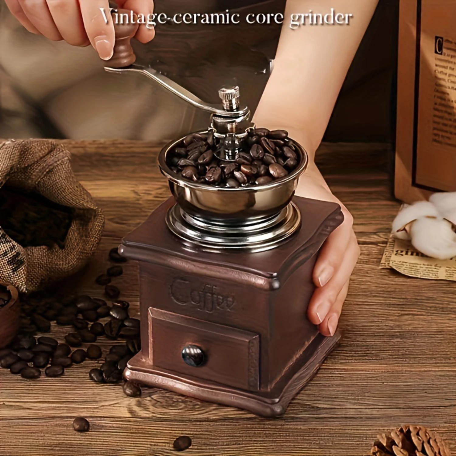 1set Wooden Classic Vintage Mini Manual Bean Grinder Press Pot Set Kitchen Coffee Utensils Home Handheld Gif