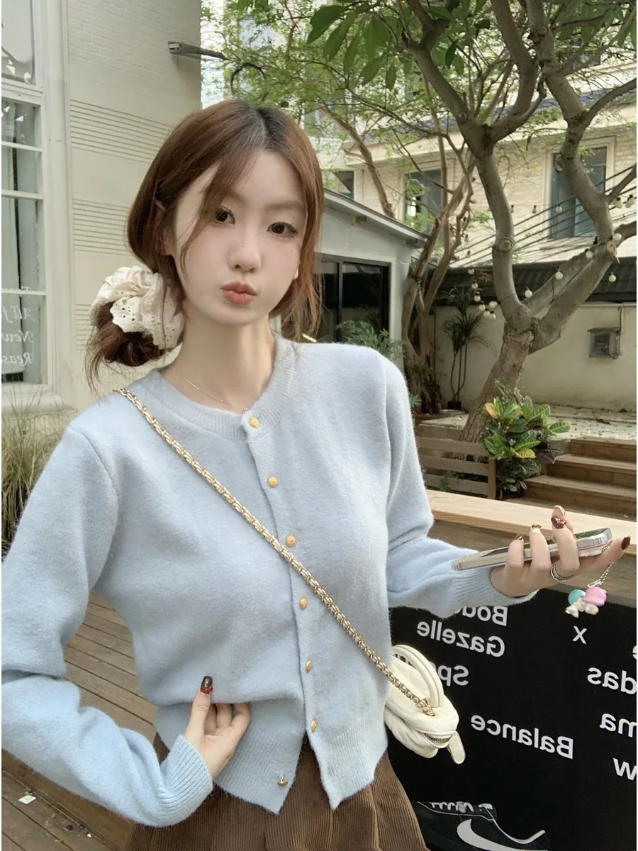 Осенне-зимний корейский изящный нежный синий кардиган с круглым вырезом милый