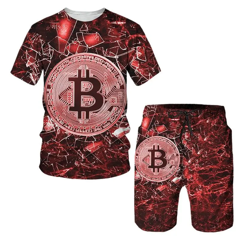 Summer Bitcoin Pattern Printing Men's T Shirt Loose O-neck Short Sleeve Top Casual Comfortable Shorts 2 Piece Outfit Clothing