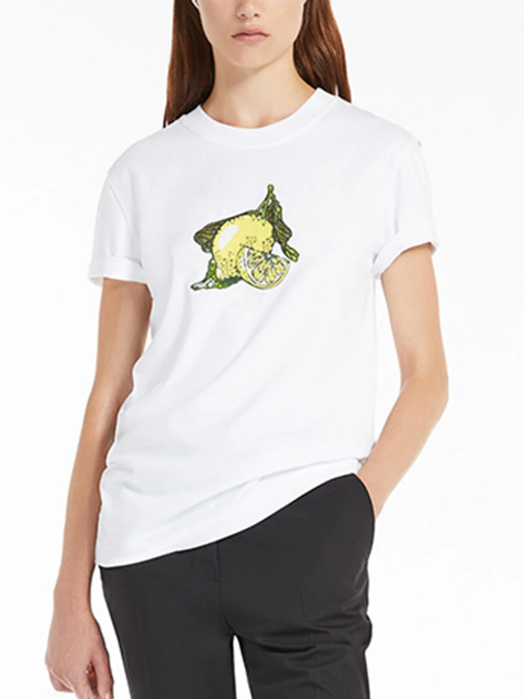 

Женская хлопковая футболка с коротким рукавом, круглым вырезом и принтом фруктов