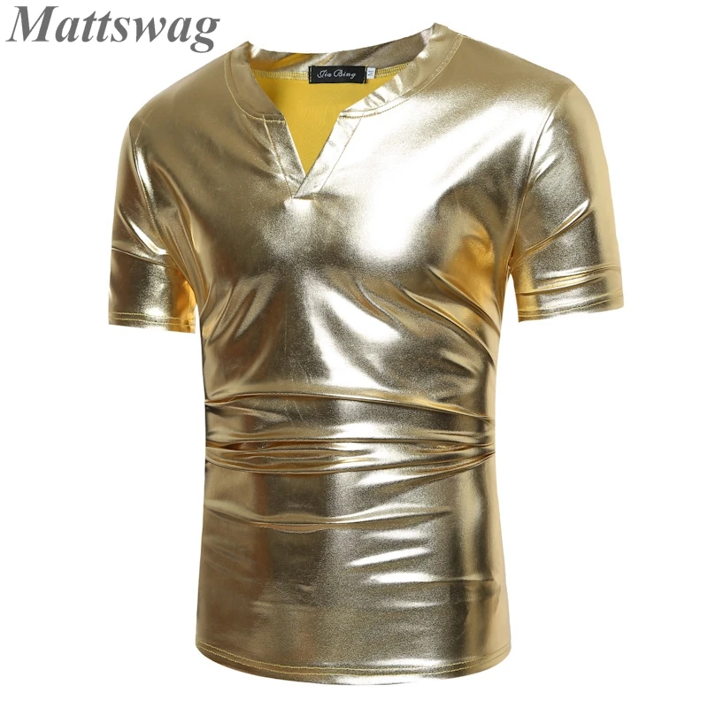 

Mattswag Men Gold Shiny Short Sleeve T Shirts Fashion Designer Loose Nightclub Top Stage Performance Dance Singer Men's Clothing