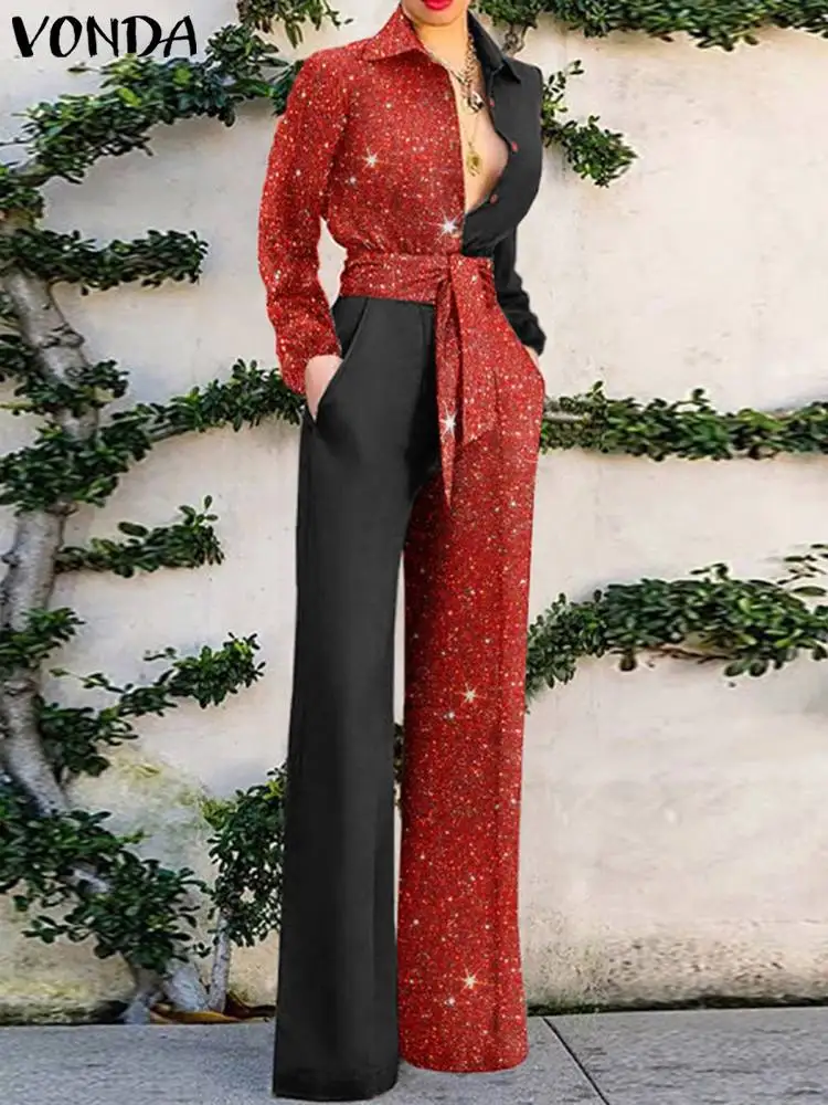 

VONDA Elegant Party Jumpsuits 2022 Women Spring Long Sleeve Button Up Playsuits 2022 Female Wide Leg Pants Casual Pantalon Femme