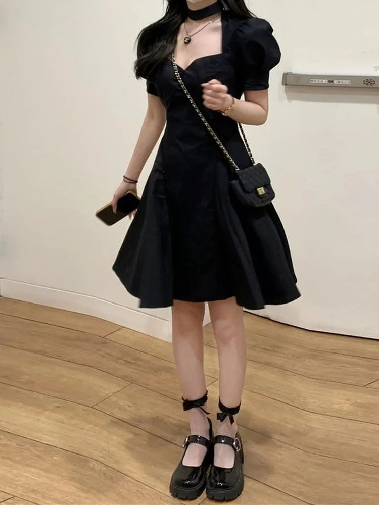 

QWEEK Sweet Kawaii Black Mini Dress Women Korean Style Wrap Puff Sleeve Short Dresses 2022 Summer Sundress Robes Female