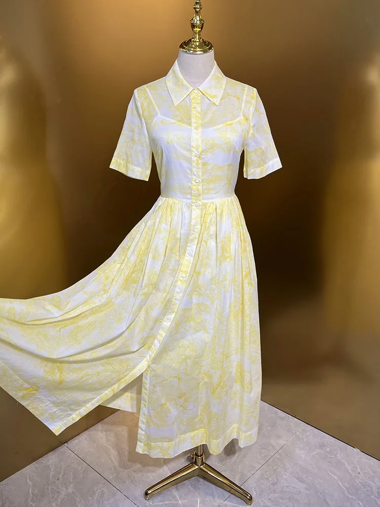 Женское Платье с принтом High Street 100% хлопок воротник отложным воротником короткий