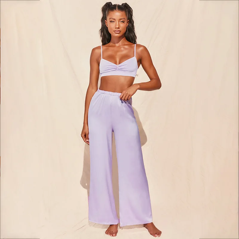 

Indie Sexy V Neck Satin Ruched Sling Vest Bras and Elastic Waist Pants 2PCS Women Suit Solid Y2k Femme Casual Sleepwear Clothes