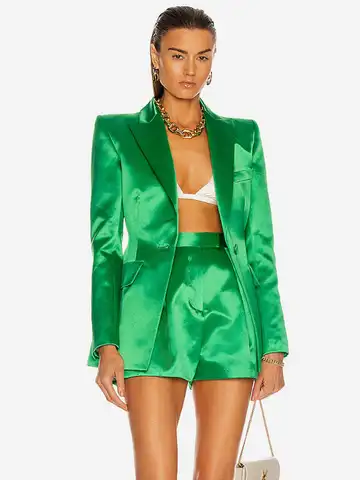 Женский комплект из двух предметов, зеленый атласный однобортный свободный пиджак и мини-шорты, весна 2022