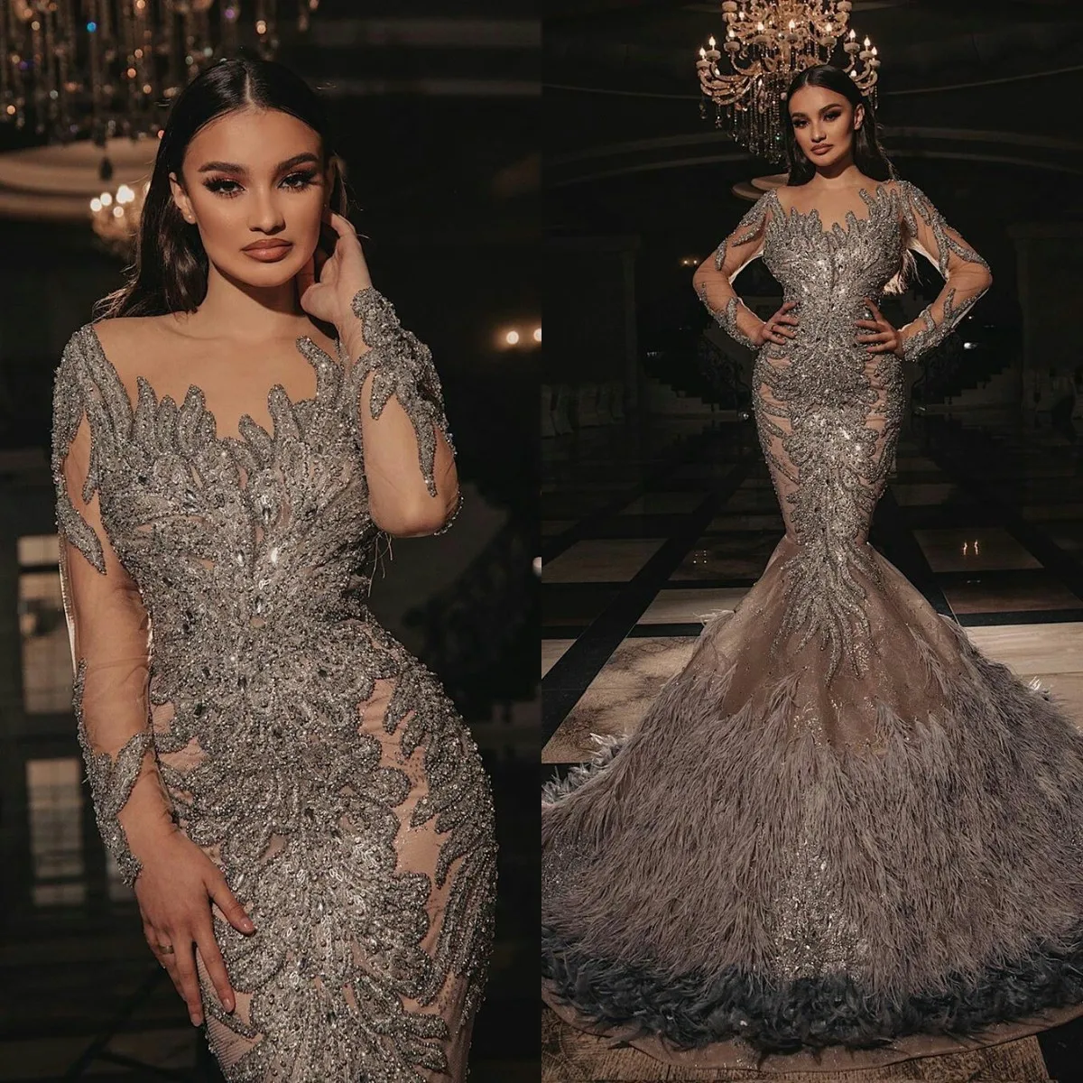 

Customize Mermaid Evening Dress See Thru Lace Sequined Women's Luxury Prom Gowns Feathers Train Elegant Formal Party Dresses