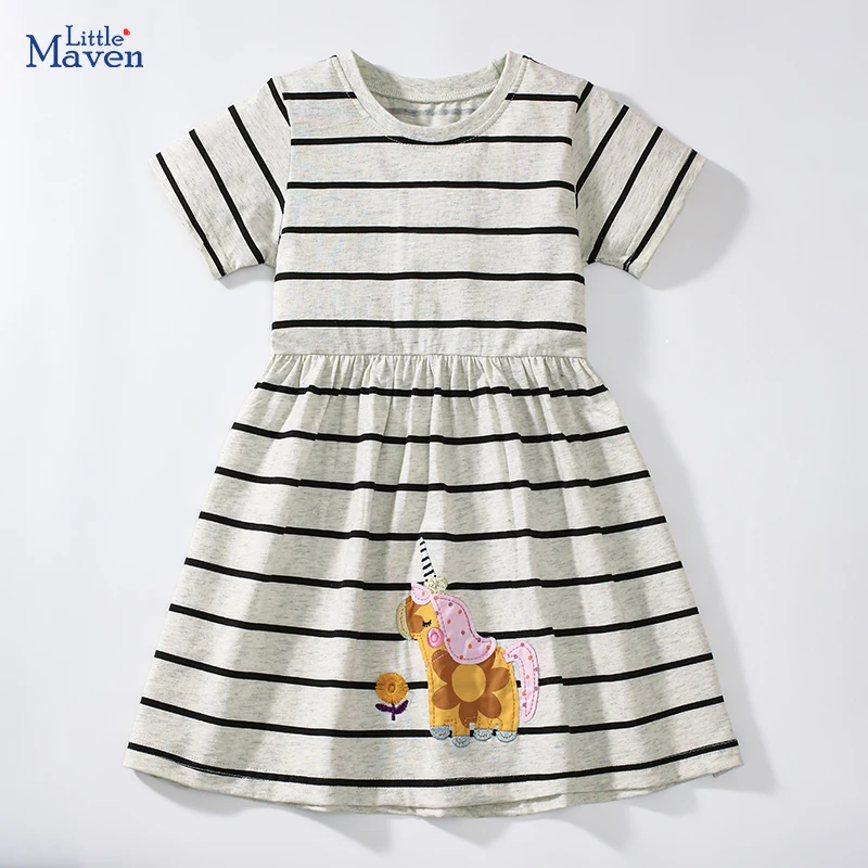 Little maven 2025 летняя детская одежда Vestido платья с вышивкой единорога для девочек