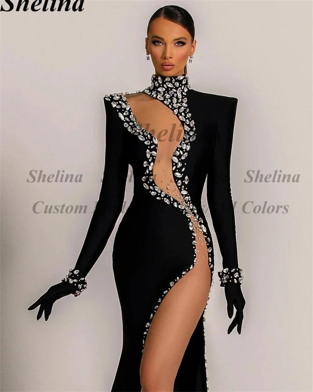 

Shelina Modern Mermaid Graduation Dress Illusion Crystal Split Long Sleeve High Neck Sweep Train Vestidos De Baile Made To Order