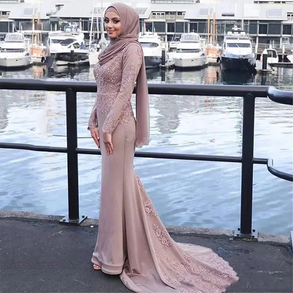 

Элегантное арабское платье-Русалка для матери невесты, нарядное платье с аппликацией для ягодиц и длинным рукавом со шлейфом, свадебные платья
