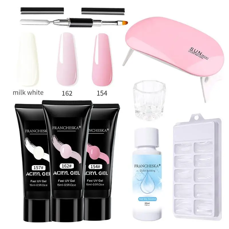 Nail Extension Kit Crystal Poly Gel Sequin Solid Semi Permanent Brush Tool Color Light Therapy Gel Primer Sealer Combo Pack