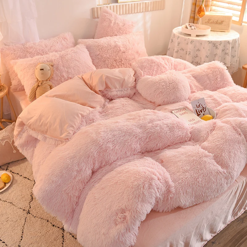 

Luxury Pure Color Plush Shaggy Warm Fleece Girl Bedding Set - Mink Velvet Duvet Cover Set with Pillowcase