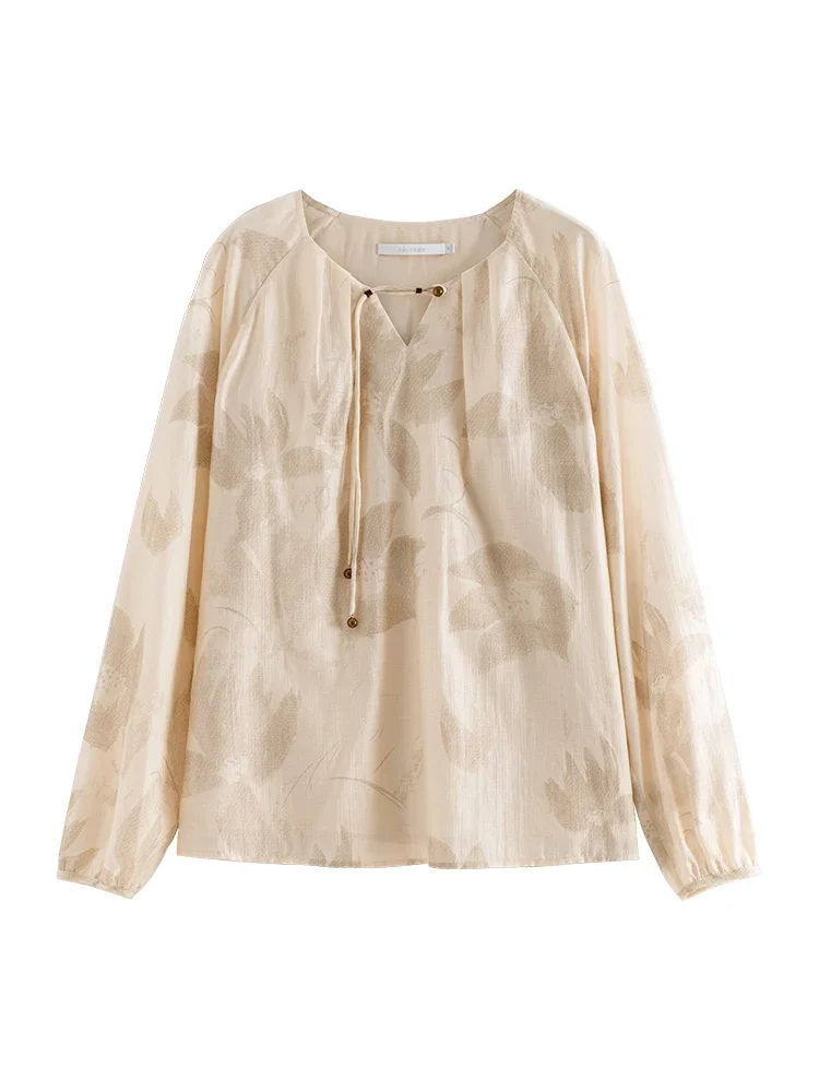 Блузка женская бежевая с длинным рукавом и принтом на шнуровке