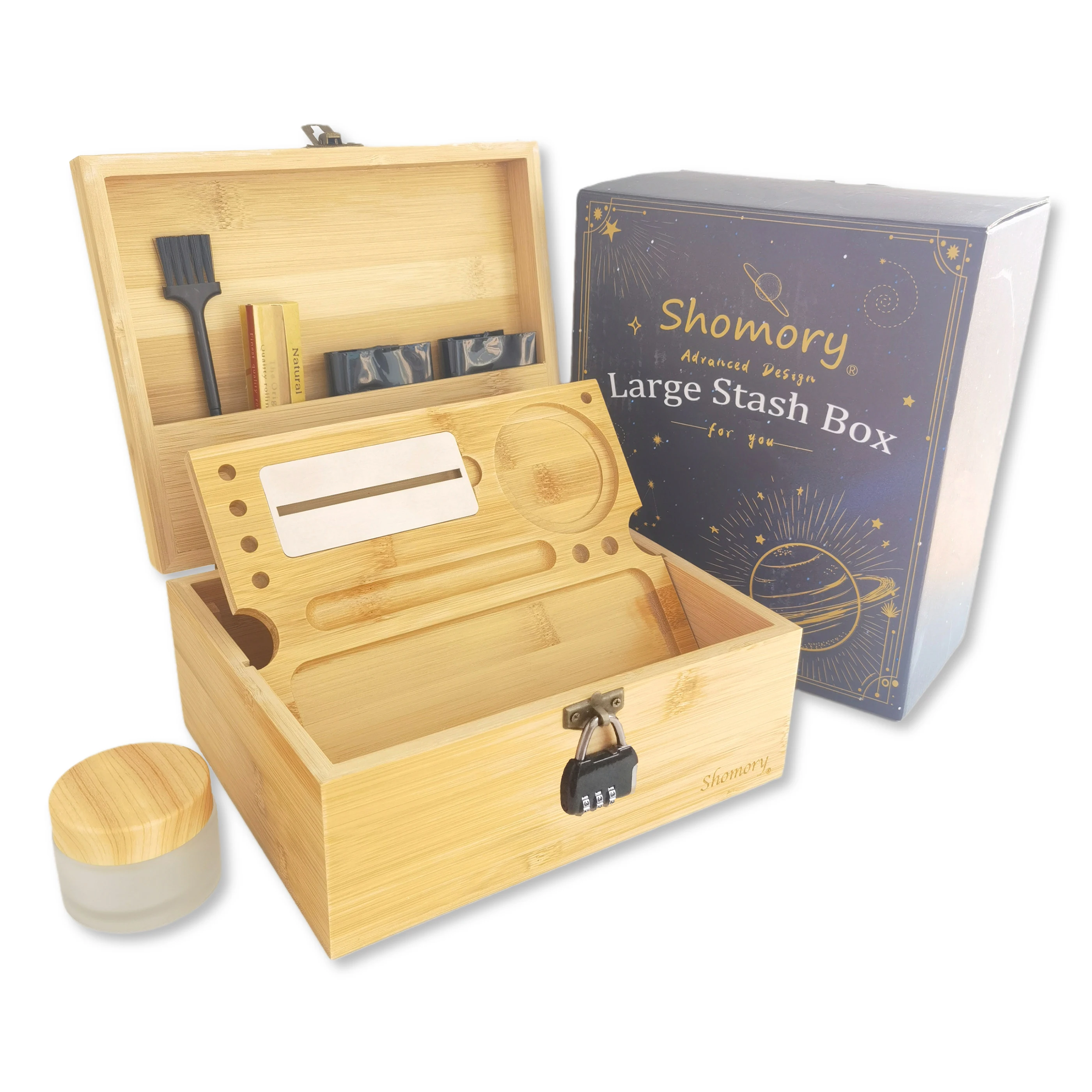 

Shomory Wooden Smell Proof Stash Box with Rolling Tray Combo, Bamboo Large Locking Box Kit with Accessory