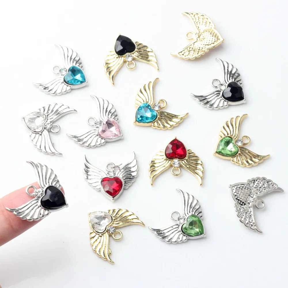 

WZNB 10Pcs Angel Wings Charms With Crystal Hearts Alloy Pendant for Jewelry Making Diy Earring Necklace Accessories Supplies