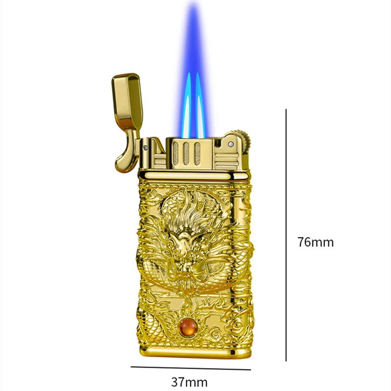 

New Dual-Fire Direct Injection Blue Flame Lighter Personality Embossed Dragon Pattern Butane Gas Windproof Lighter Small Gift