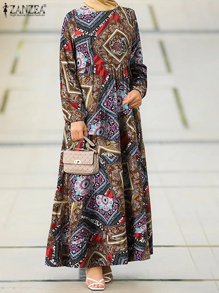 

ZANZEA Muslim Women Vintage Floral Printed Long Dress Spring Bohemian Party Abaya Hijab Dress Jilbab Robe Femme Islamic Clothing