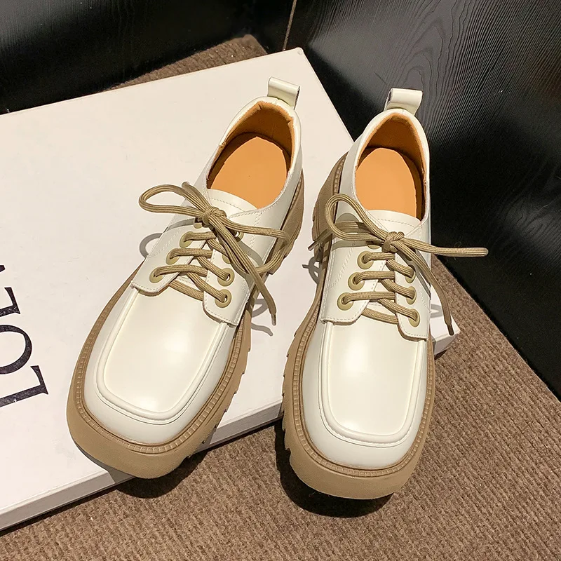 Women Platform Shoes Fashionable and Breathable Genuine Leather Sneakers British Style Leather Casual Frenulum Ladies Shoes