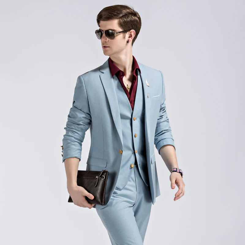 

2022 New Lake Blue Suit Three-piece Fashion Slim Simple Casual Business Wedding Groom Host (Jacket + Pants + Vest)