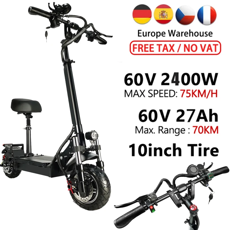 

EU WH 60v 2400W Dual Motor Electric Scooter 75 km/h Fast E scooter with Seat 10 inch Off road Tire 80km Range Adult Skateboard