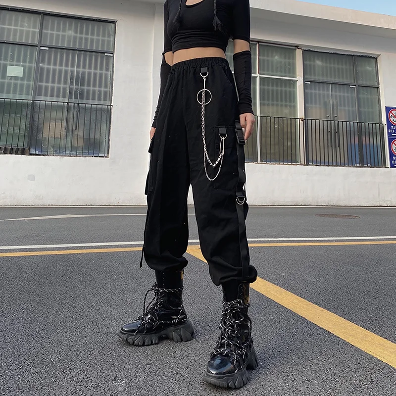 

Y2K Clothes Punk Chain Black Cargo Pants Streetwear Hip Hop High Waist Casual Fashion Harajuku Summer Harem Pant for Women