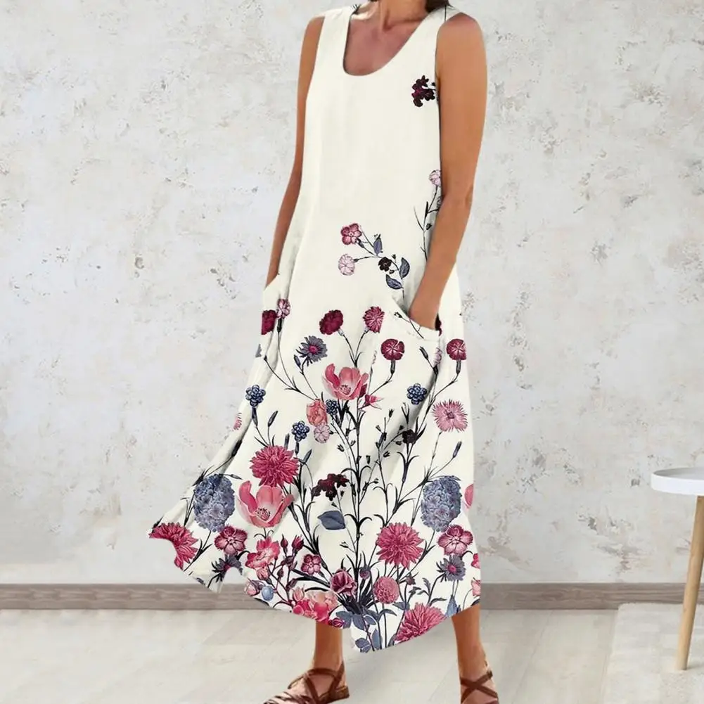 

Women Dress with Pockets Vintage Wash Painting Print Patch Pockets Women's Sleeveless Maxi Dress with A-line Silhouette Backless