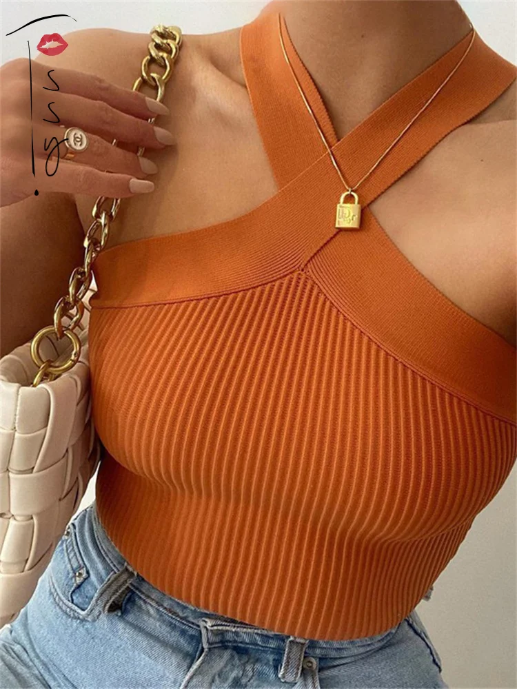 

Tossy Ribbed Knit Halter Bustier Top For Women Mini Cropped Tank Tops Camis Summer Female Sexy Corset Black Crop Top Knitwear