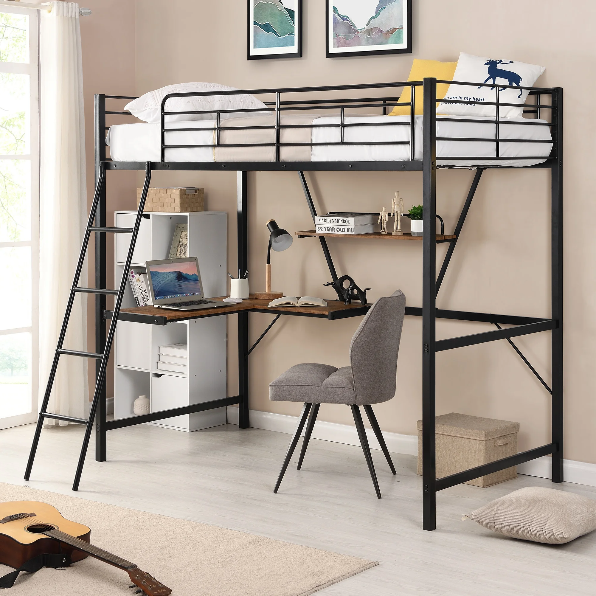 

Metal Loft Bed with L-shaped Desk and Shelf, Black(New)