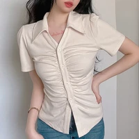 weekeep solid color niche versatile breasted lapel pleated t shirt women slim sweater short sleeved shirt summer