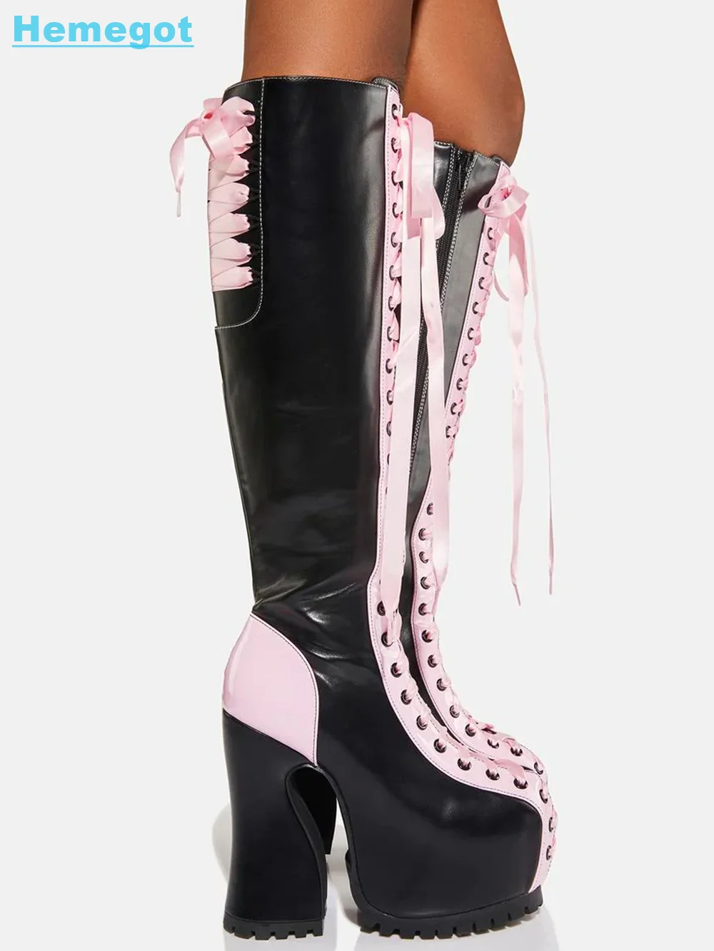 Platform Ribbon Lace-Up Knee-High Boots Chunky Heel Pink Black Mixed Colors Side Zipper Sexy Women Shoes Fashion Autumn Winter