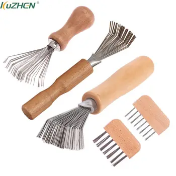 1pc Hair Brush Cleaner Mini Dirt Remover Home Travel Salon Rake with Metal Wire Portable Comb Brush Wooden Handle Cleaning Tools