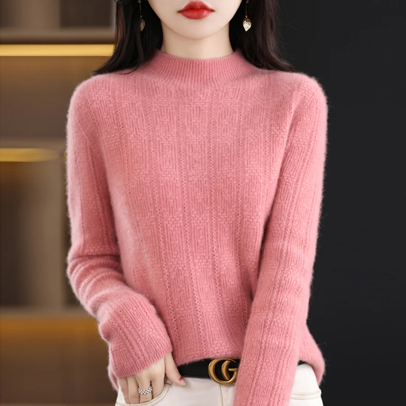 

Spring Autumn Women's Sweater Female Pullover Long Sleeve Half Turtleneck Basic Style Jumper 100% Wool Knitted Tops Clothes Wild