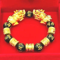 fengshui obsidian stone beads bracelet men women unisex wristband gold color black pixiu wealth good luck women jewelry bracelet