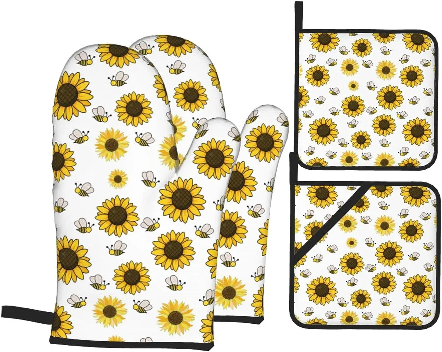 

Sunflower Bees Oven Mitts and Pot Holders Sets 4 Piece Set Heat Resistant Non Slip Oven Mitts for Cooking Baking Grilling