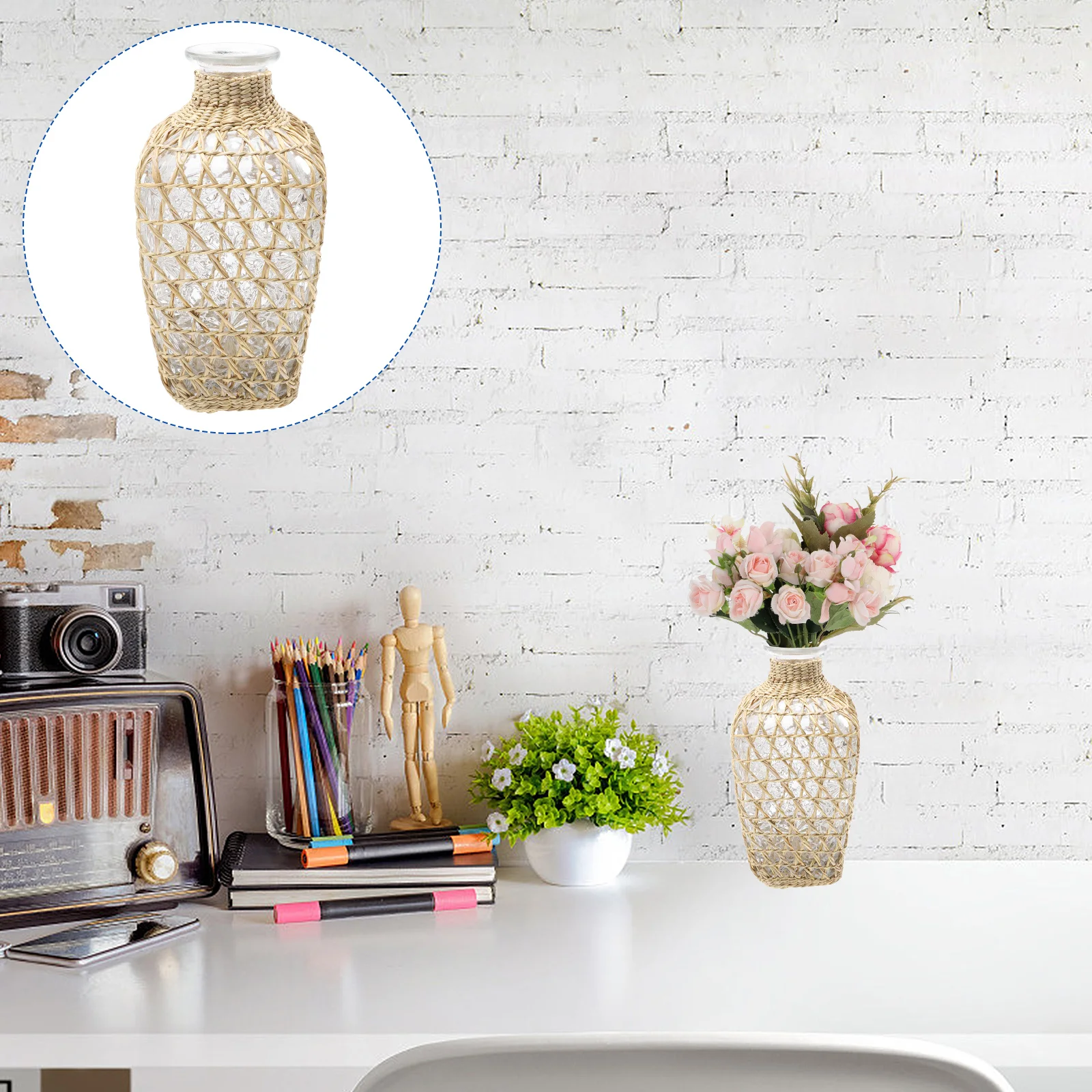 

1Pc Creative Glass Vase Weaving Vase Flower Container Desktop Decor