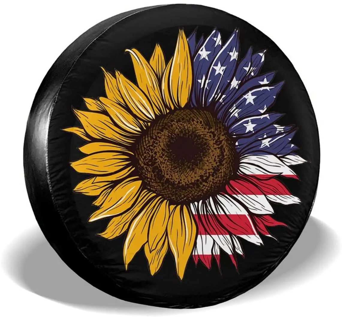 

Kawani Sunflower America Flag Spare Tire Covers Dust-Proof Protective 15 Inch Universal Spare Wheel Tire Cover Fit for Camper Tr