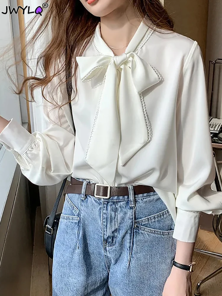

Women Blouses Loose Bow Solid Shirts For Women Autumn Korean Style Bow Knot Loose Leisure Elegant Ol Ladies Satin Fashion Tops