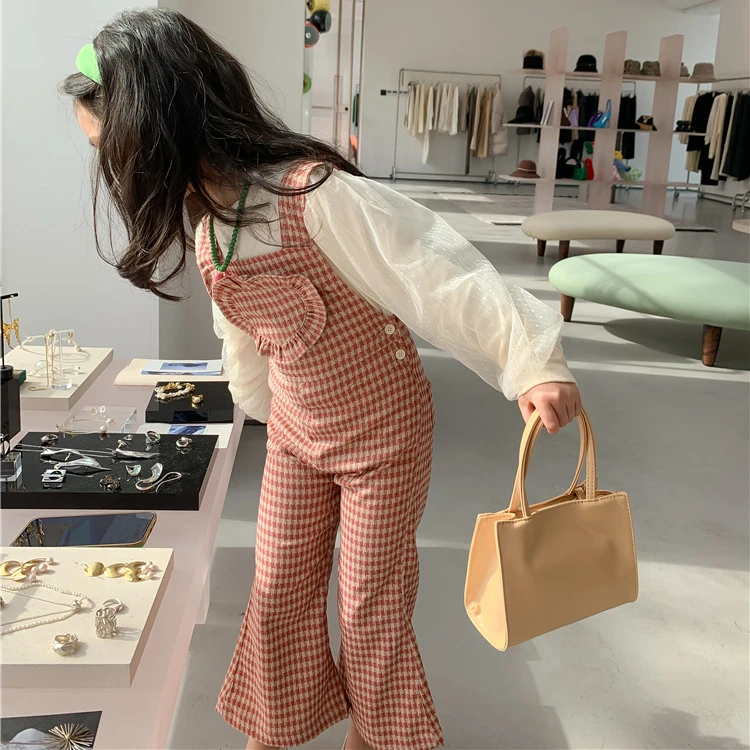 1354C New Children Clothes Sweet Girl Clothes Spring 2022 New Mesh Bottoming Shirt And Plaid Suspender Pants Streetwear Clothes