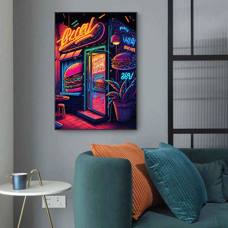Панк Еда Напиток Плакат Неоновая Пицца Фрукты Бургер Холст Картина Печать