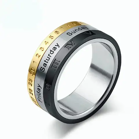 Мужское кольцо из титановой стали, вращающееся кольцо с римскими цифрами, датой, календарем, отображением времени, для недель, пальцев, золо...