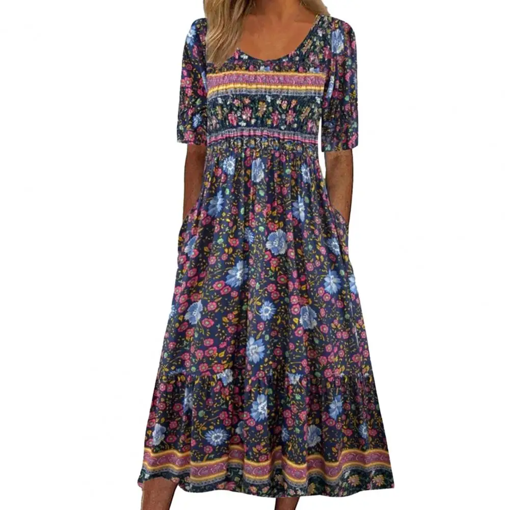 

Midi Dress Women Colorful Flower Printing Double Slip Pockets Short Sleeves Bohemian Loose Hem Summer Dress Women Clothing 2023
