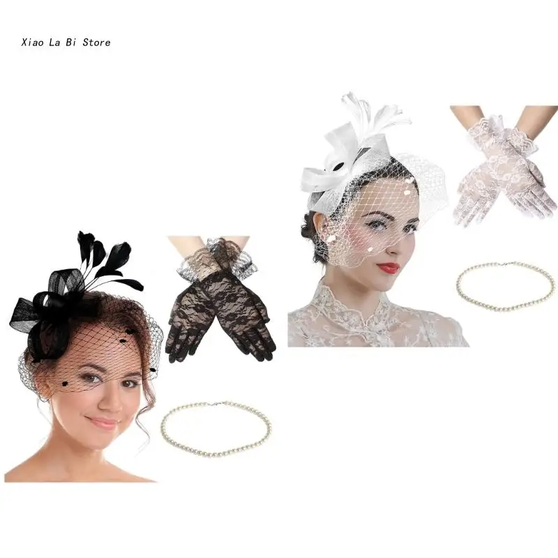 

XXFD Women Fascinator Gloves Necklace Cocktail Bowknot Fascinator Hat Feathers Veil Mesh Tea Party Fascinator and Gloves Set