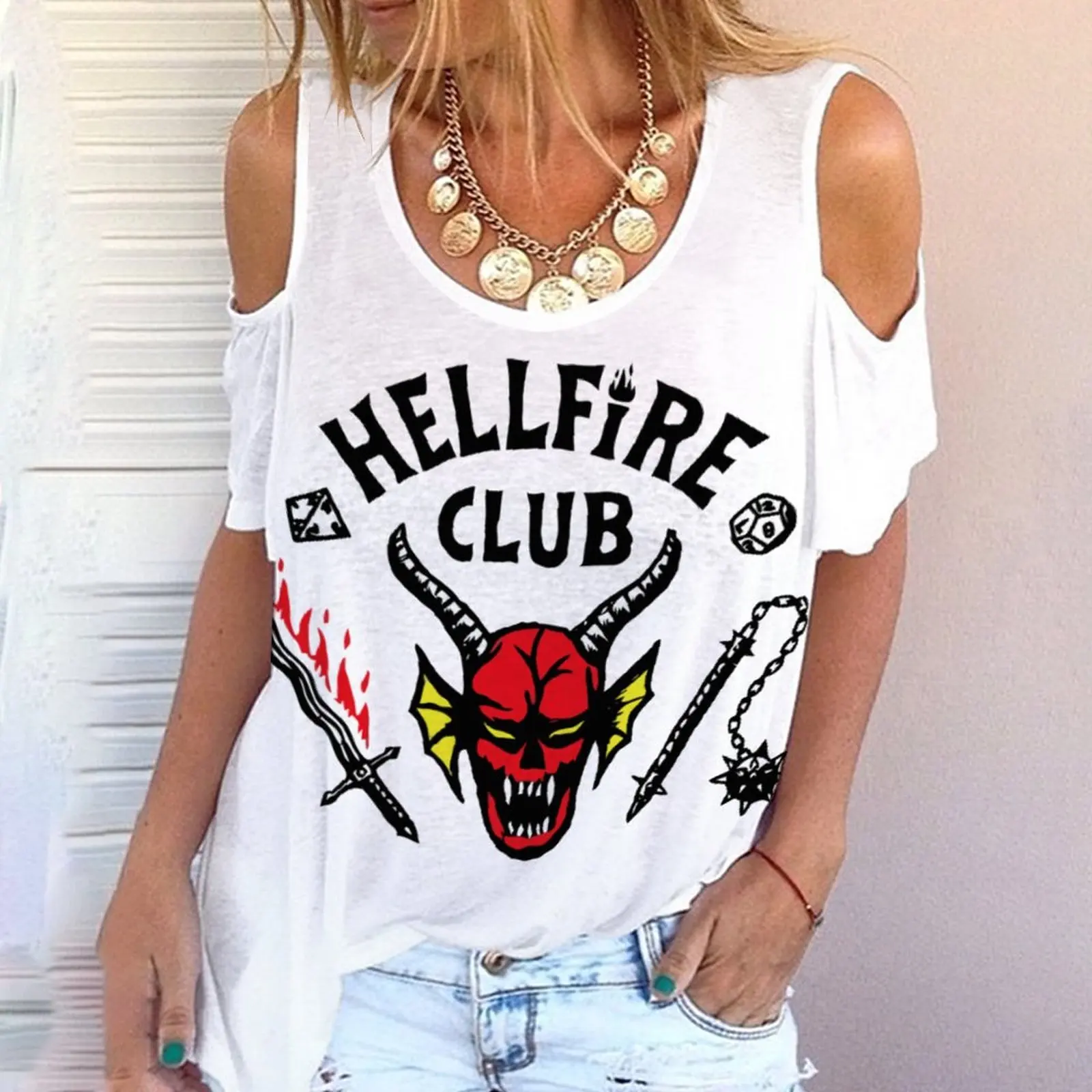 

Женская футболка с открытыми плечами, круглым вырезом и открытыми плечами