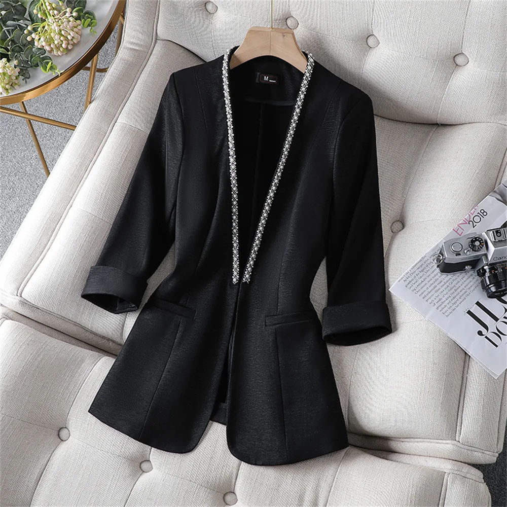 2023 Chic Women Blazer Blue White Black Female V neck Half Sleeve Pearls Slim Jacket Lady Business Work Wear Formal Jacket Coat