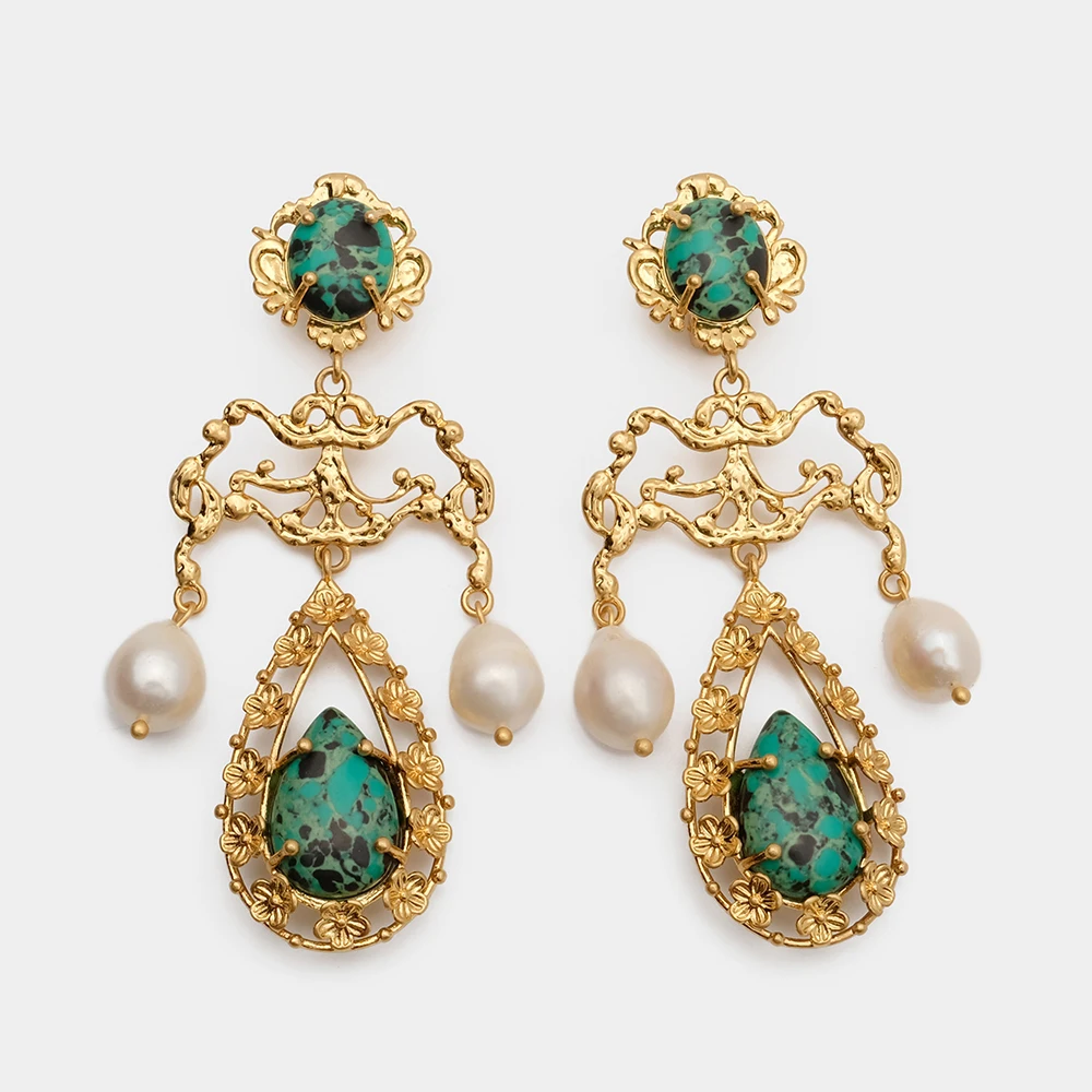 JBJD VintageTurquoise muse handcrafted brass with gold plated natural baroque pearls earrings