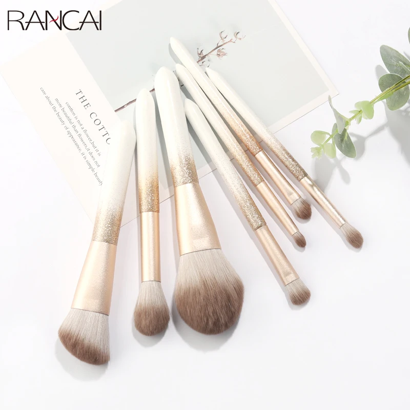 

RANCAI 7PCS Blush Foundation Powder Cosmetic Tools Professional Makeup Brushes Set White Classic Wooden Handle Make Up Brush Kit