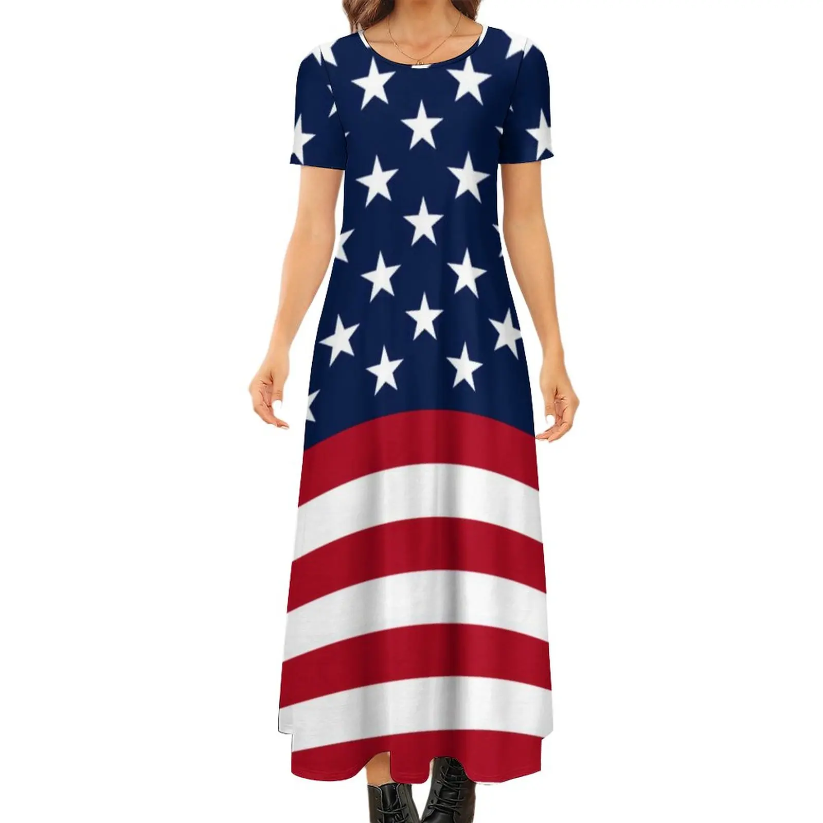 

Star Spangled USA Flag Dress Patriotic Red White Blue Stars Stripes Vintage Maxi Dress Lady Street Style Boho Beach Long Dresses